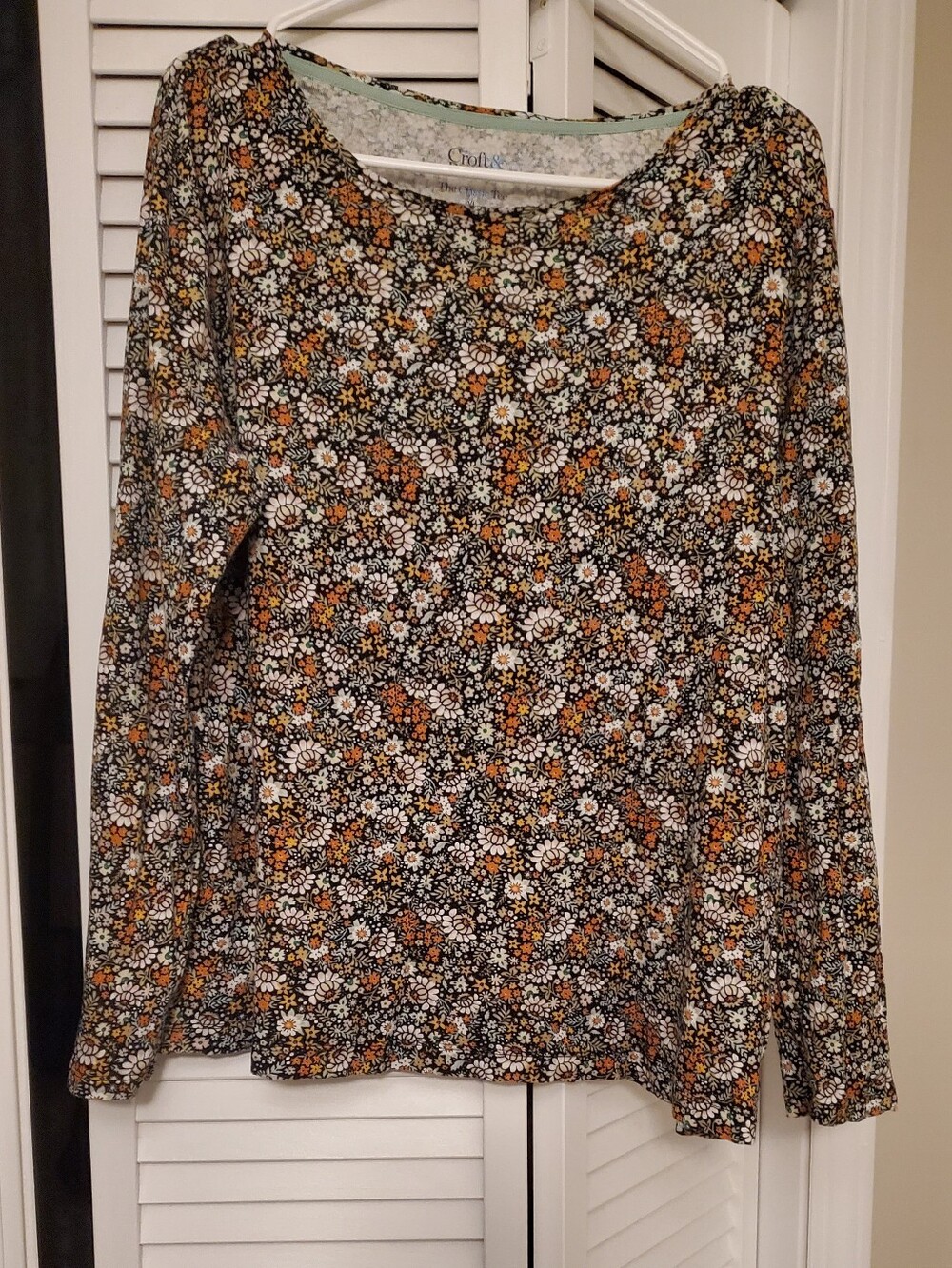 croft & barrow Black Floral Long-Sleeve Top with Mustard and White Accents